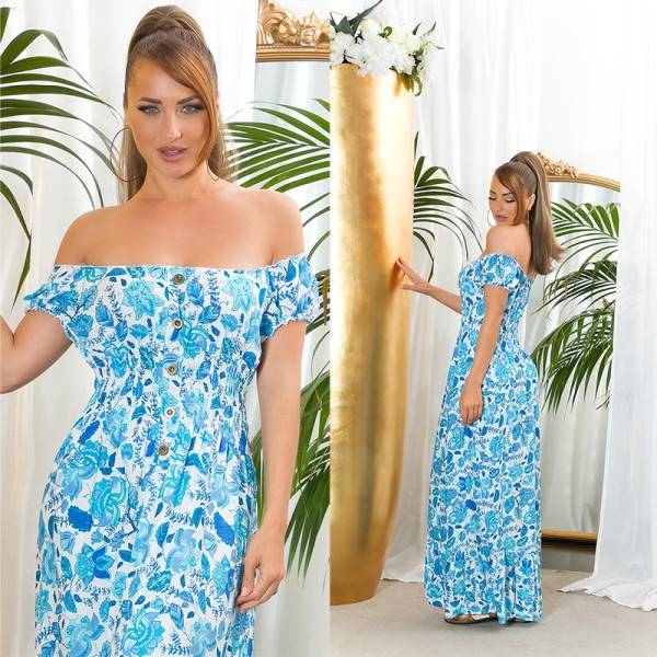 Koucla Sexy off-shoulder Sommer Maxikleid mit Deko Knöpfen Sonderangebot