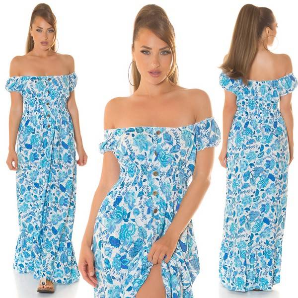 Koucla Sexy off-shoulder Sommer Maxikleid mit Deko Knöpfen Sonderangebot