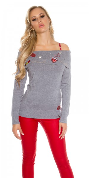 Koucla Sexy Koucla Pulli schulterfrei m.Strass+Aufnähern Saisonale Angebote