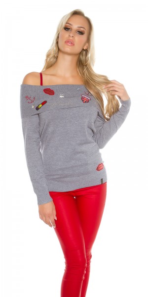Koucla Sexy Koucla Pulli schulterfrei m.Strass+Aufnähern Saisonale Angebote