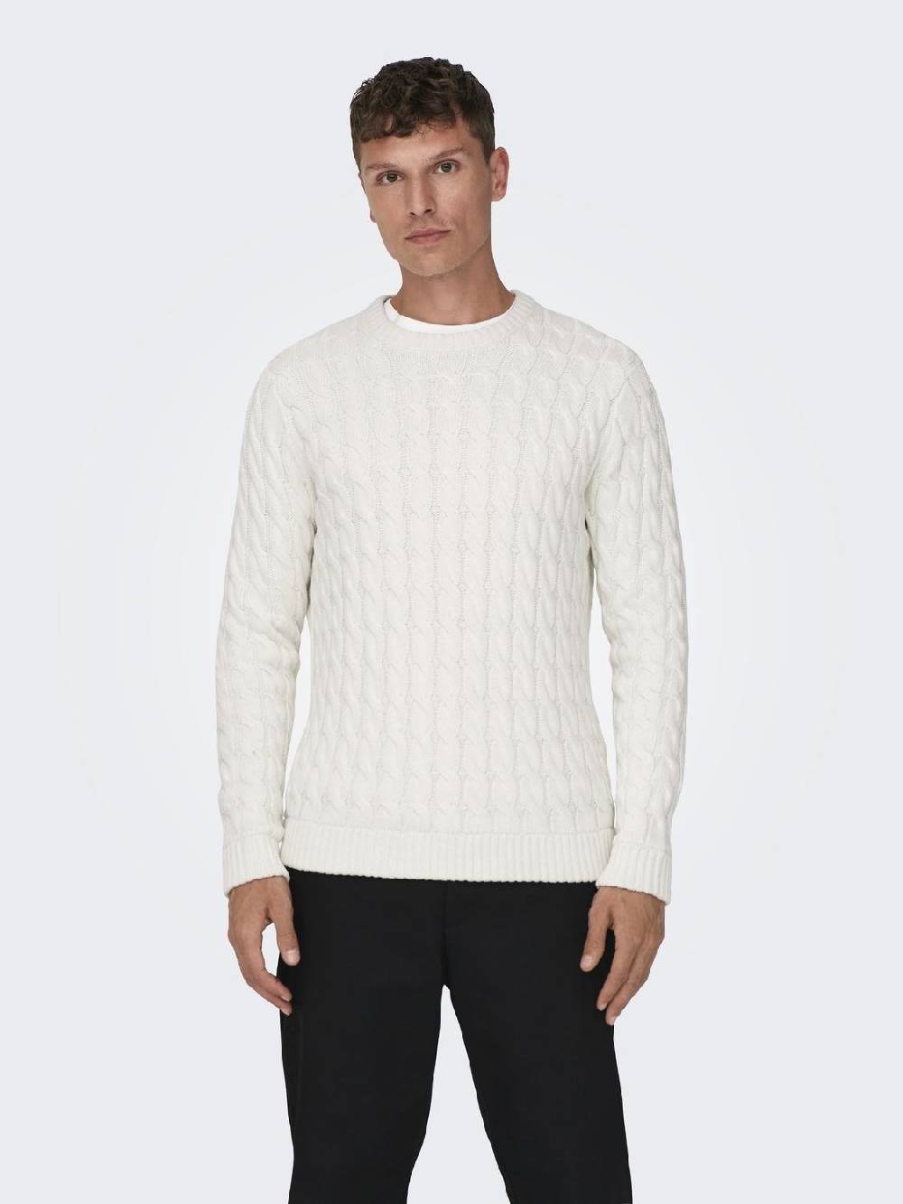 Only & Sons ONSKICKER LIFE REG 3 CABLE CREW KNIT (Antique White) Im Verkauf
