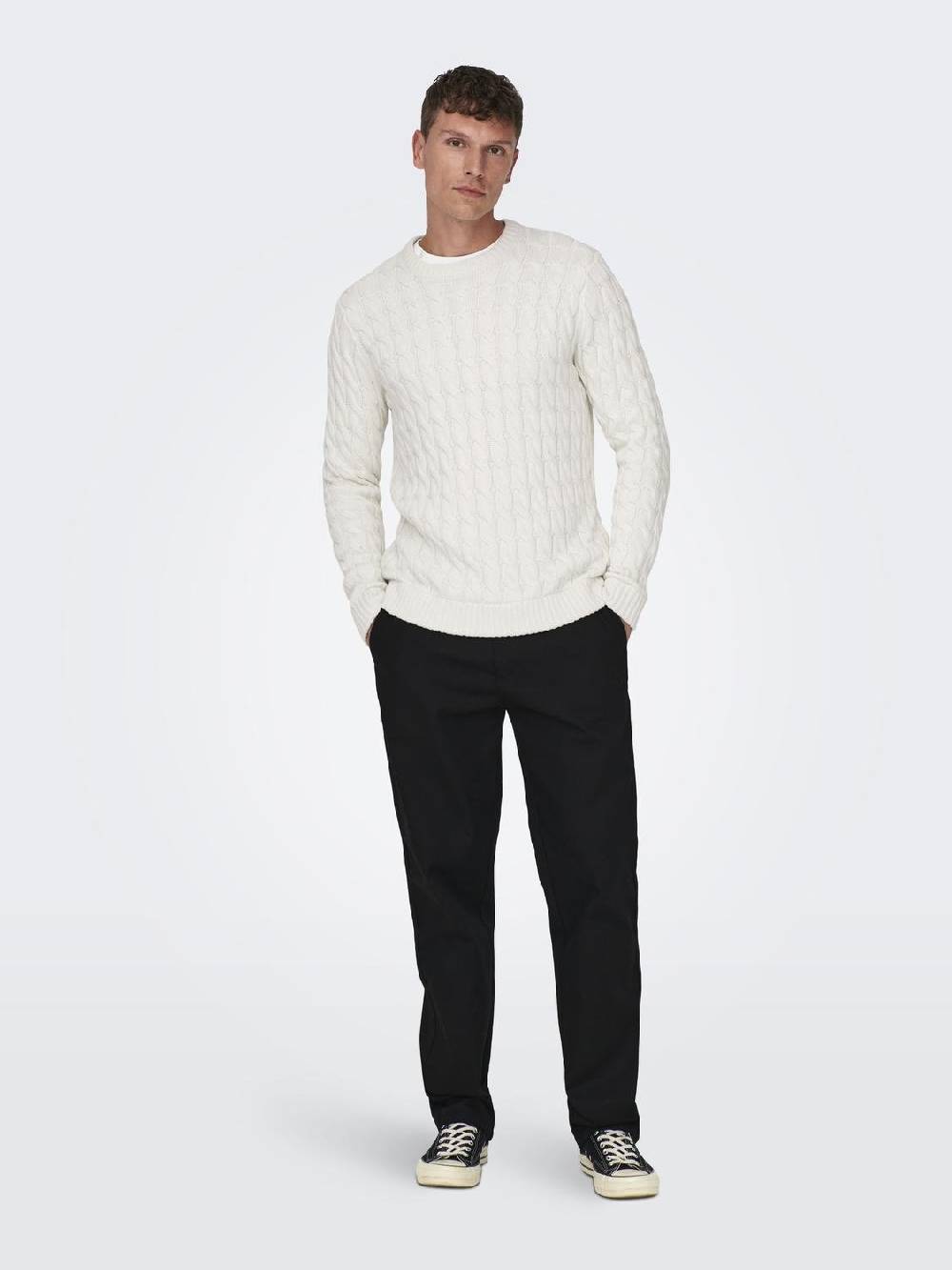 Only & Sons ONSKICKER LIFE REG 3 CABLE CREW KNIT (Antique White) Im Verkauf