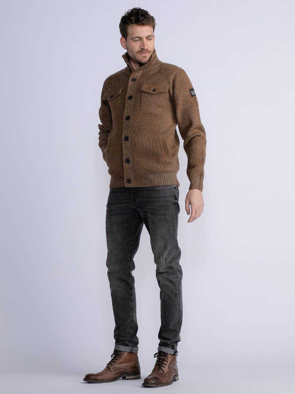 Petrol M-3030-Kwc218 - Men Knitwear Collar Cardigan (7060 Grey Truffle) Im Verkauf