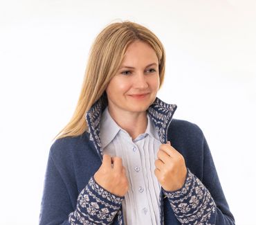Pezzo D'oro Damenstrickmantel,nachtblau,Strick mit Jacquardbordüre,Doppelstrick,made in Bayern Neueste Mode