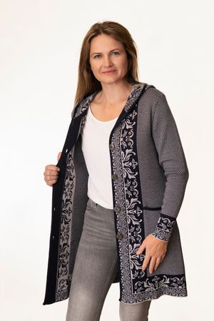 Pezzo D'oro Art en Laine Strickmantel,Gehrock mit Kapuze,Merinowolle,made in Bayern,marine/grau Wochenangebot