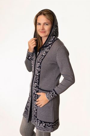 Pezzo D'oro Art en Laine Strickmantel,Gehrock mit Kapuze,Merinowolle,made in Bayern,marine/grau Wochenangebot
