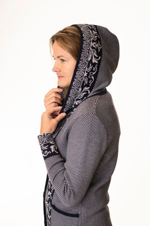 Pezzo D'oro Art en Laine Strickmantel,Gehrock mit Kapuze,Merinowolle,made in Bayern,marine/grau Wochenangebot