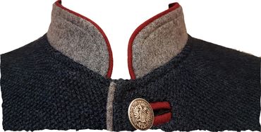Pezzo D'oro Herren Trachtenstrickjacke blaumelange mit grauem Loden abesetzt, roter Paspel Begrenztes Angebot