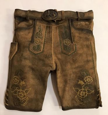 Pezzo D'oro Herrentrachtenlederhose kurz,braun antik finish,beige/grün bestickt,Größe 50 Saisonschlussverkauf