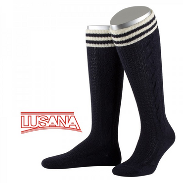 Pezzo D'oro Lusana Trachten-Kniestrümpfe marine, Umschlag mit wollweiß abgesetzt Zeitlich begrenztes Angebot
