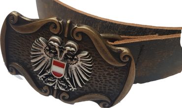 Pezzo D'oro Trachtengürtel Österreichwappen, handgefertigt in Bayern, Antikleder dunkelbraun Riesige Rabatte