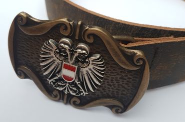 Pezzo D'oro Trachtengürtel Österreichwappen, handgefertigt in Bayern, Antikleder dunkelbraun Riesige Rabatte
