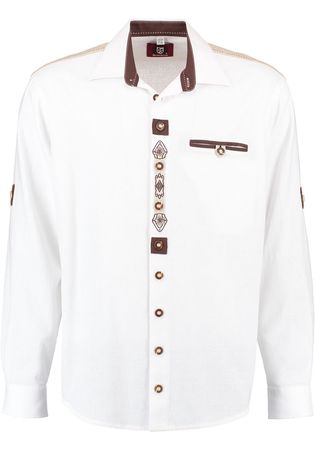 Pezzo D'oro Trachtenhemd Herren, weiß mit traditioneller Stickerei, Leinenoptik, Pattentasche, Leinenbesatz, Langarm Fabrikladen