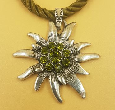 Pezzo D'oro Trachtenkette Edelweiß altsilber,grünes Kordelband und Glitzersteine Speichern exportieren