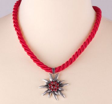 Pezzo D'oro Trachtenkette Kordelband rot ,Edelweißanhänger altsilber, rote Straßsteine Black Friday Preise