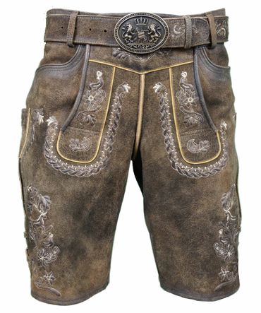 Pezzo D'oro Trachtenlederhose kurz, mit Gürtel Bayernwappen, antikfarben braun Wildbock Online